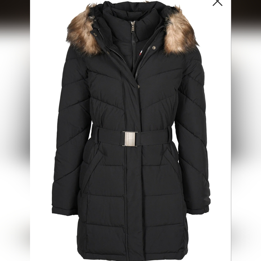 Tommy Hilfiger Faux-Fur-Trim Hooded Puffer Coat in black     Fur is detachable